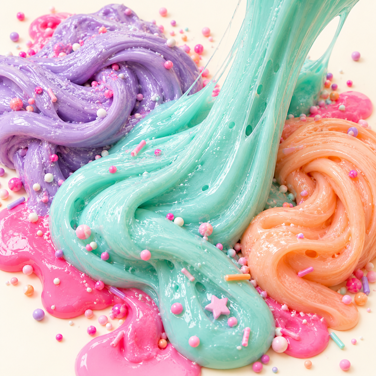 Illustrative glossy mint, lavender, peach and pink slime stretching and folding with colorful sprinkles